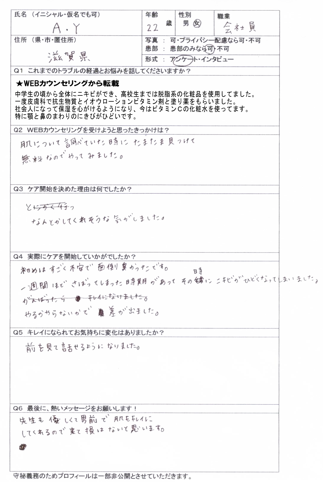 皮膚科で治らないニキビ、滋賀、女性